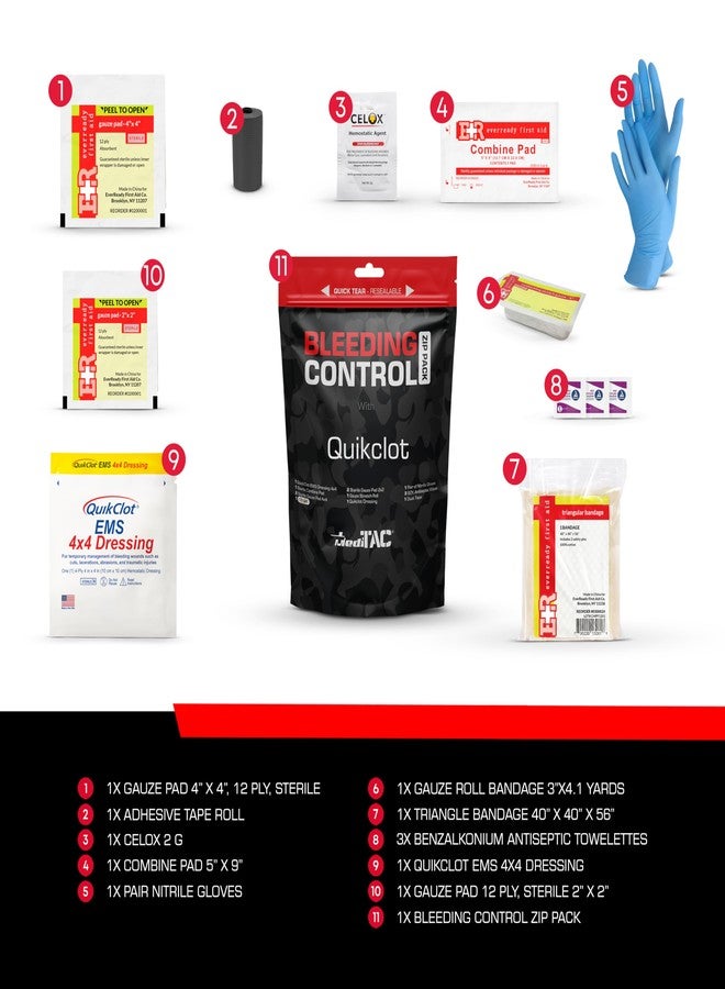 MediTac Bleeding Control Zip Pack with QuikClot, Celox, Gauze Pads, Triangular Bandage, BZK Wipes, Nitrile Gloves, Tape – Trauma First Aid Kit for Emergency Use - Image 2